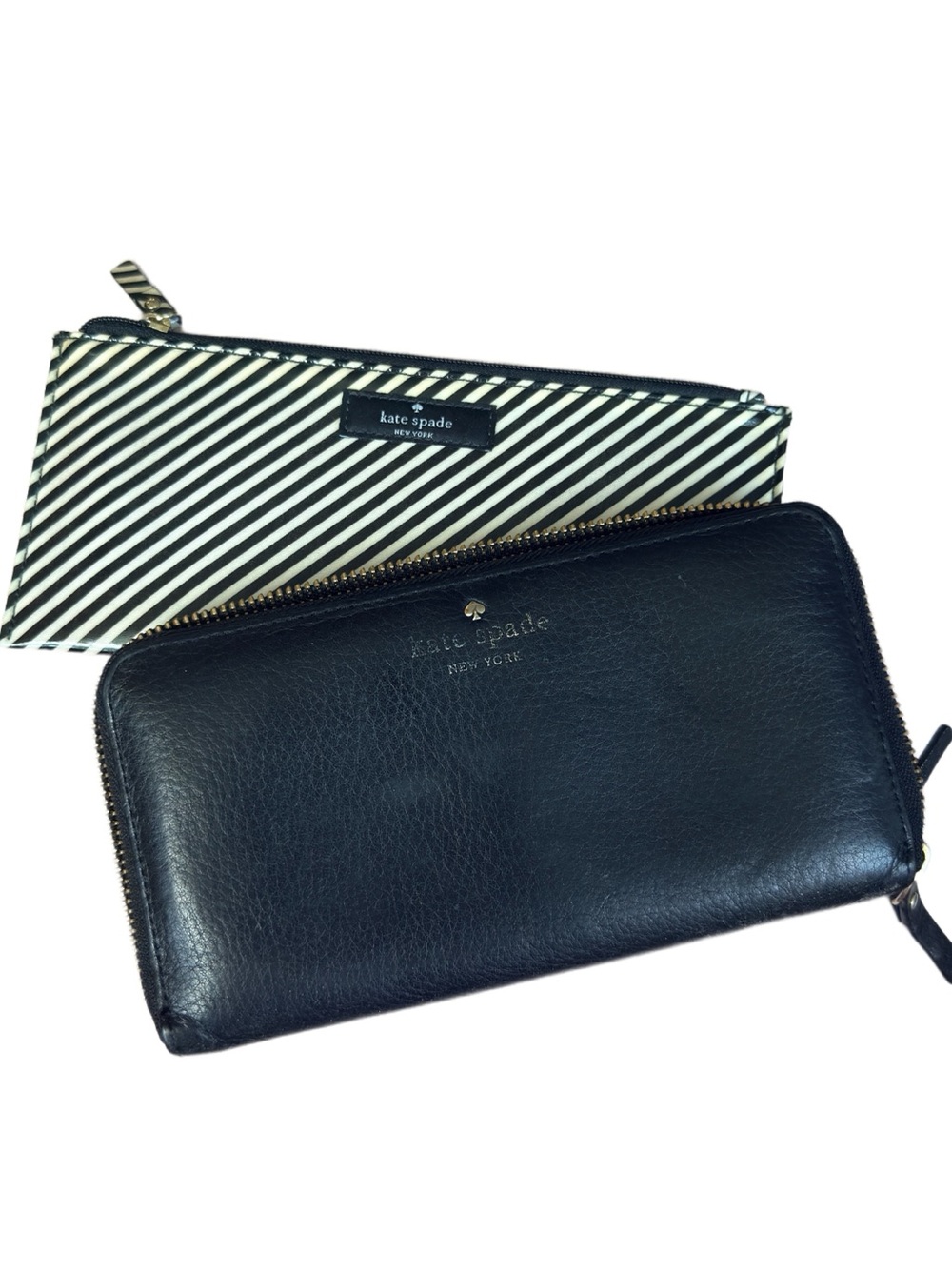 kate spade Black Leather Zip Wallet with Black-and-White Striped Pouch